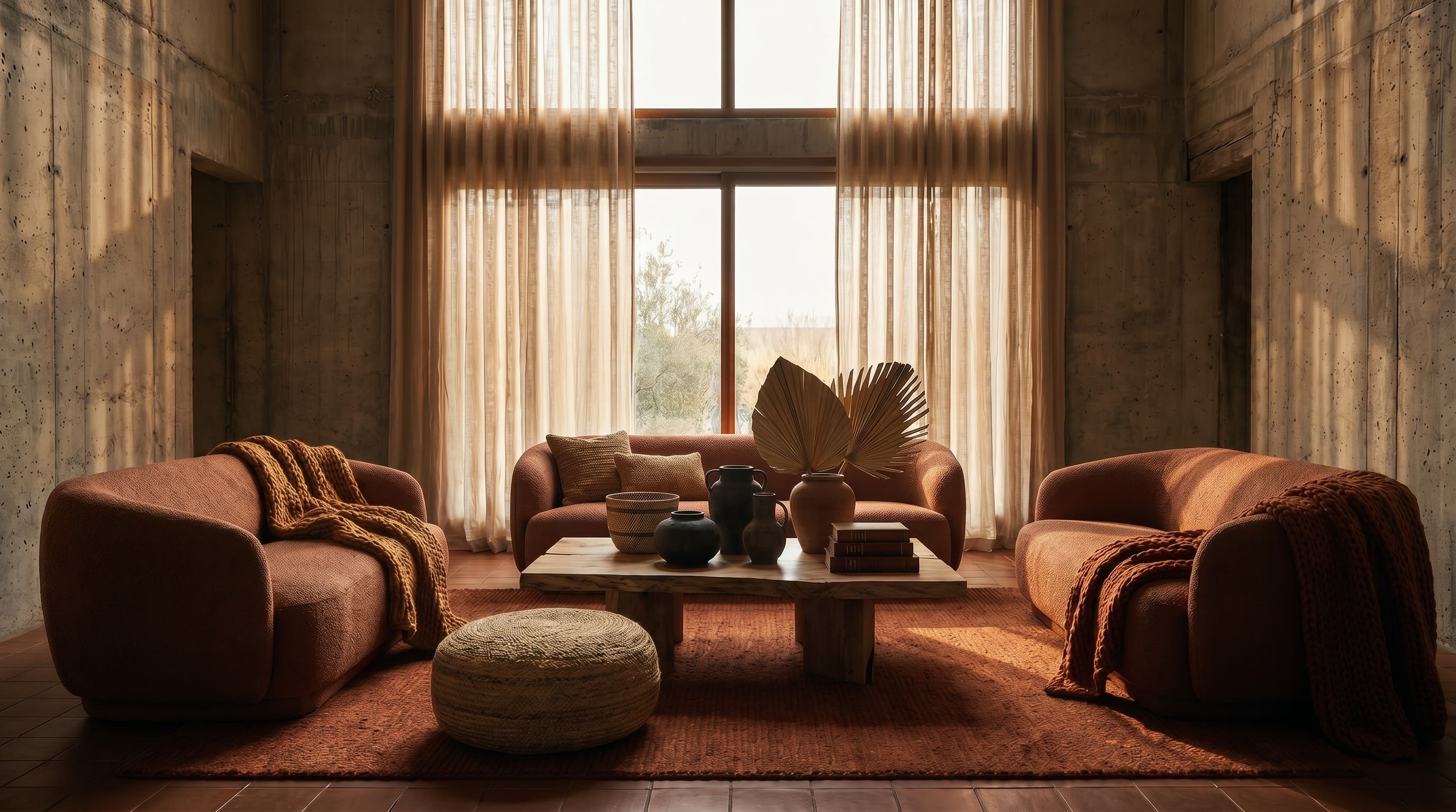 Moderne woonkamer in warme tinten met bank, vazen en woondecoratie van Mirry Home
